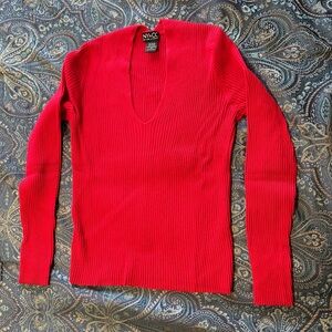 New York & Company Women's Red V-Neck Ribbed Sweater